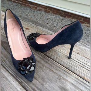 $350 KATE SPADE PHILIE NAVY BLUE RICH BLACK GEM JEWEL POINT TOE SUEDE PUMP 10